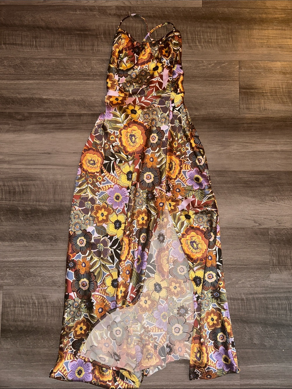 Floral Corset Tie Back Maxi Satin Dress